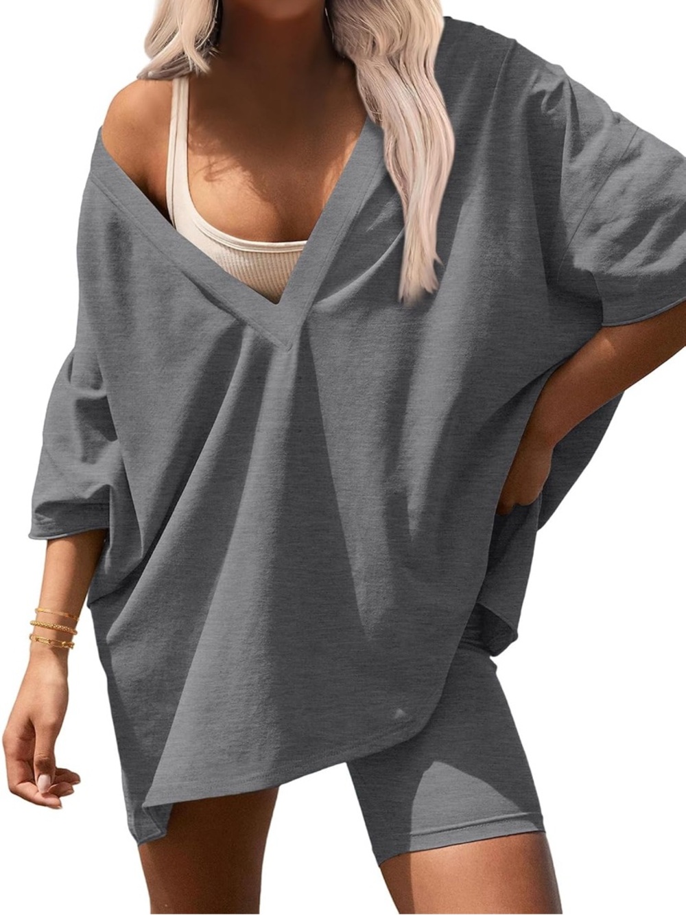 Grey Oversized V-Neck Lounge Top and Biker Shorts Set - 1 Med & 1 XXL left.
